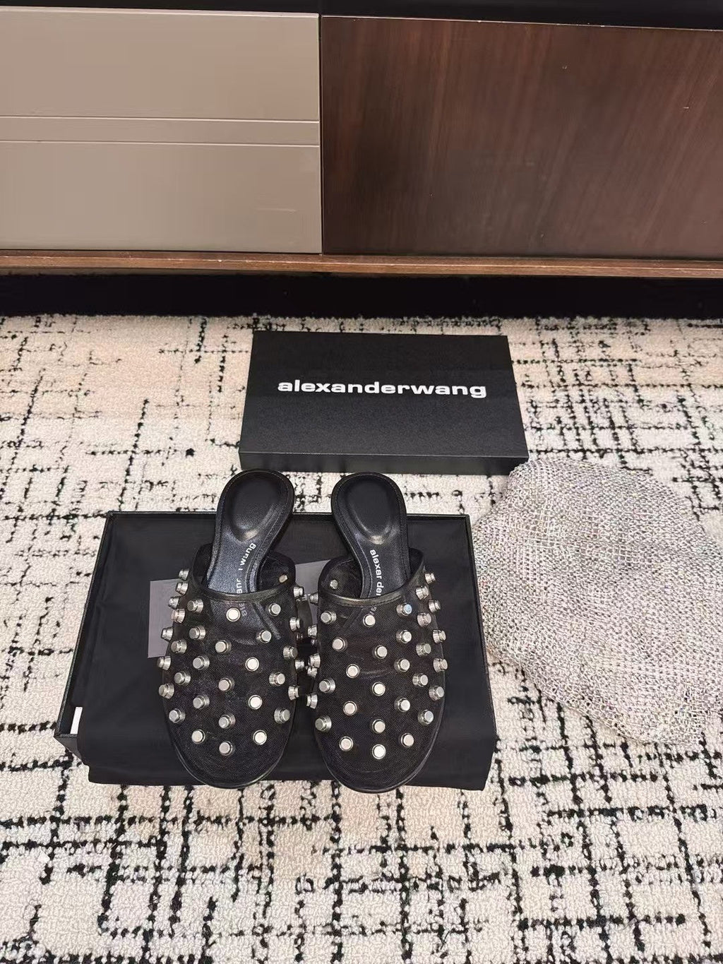 STRASS STUDDED FLAT MULE IN BLACK MESH UPPER
