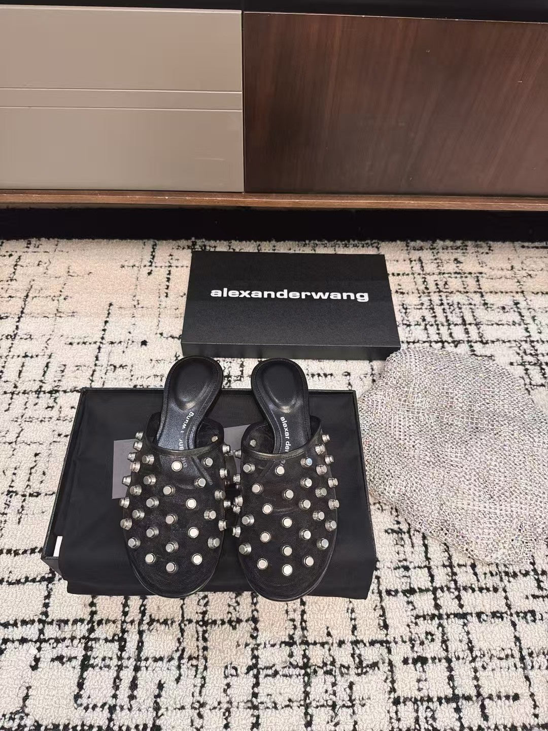 STRASS STUDDED FLAT MULE IN BLACK MESH UPPER