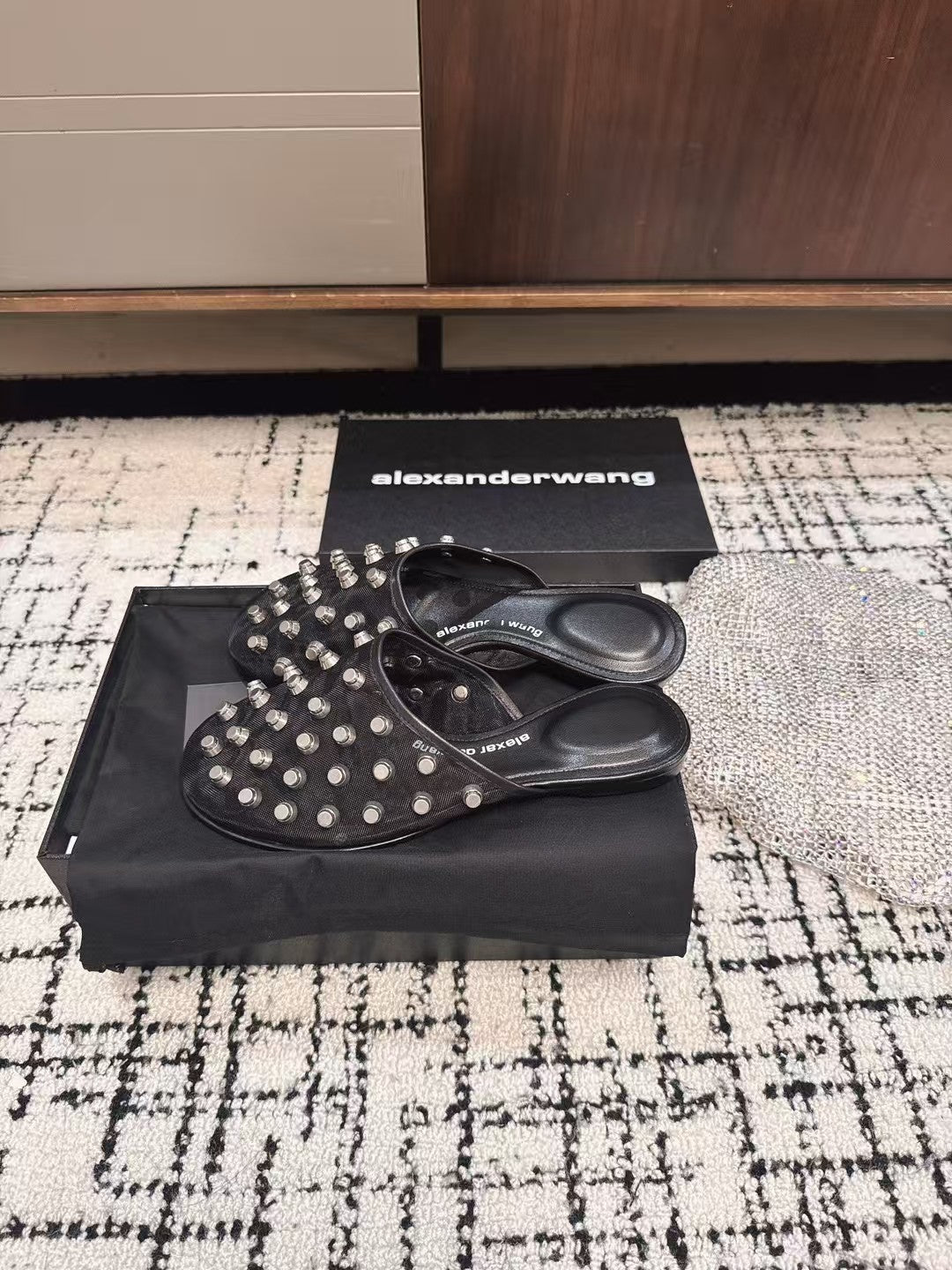 STRASS STUDDED FLAT MULE IN BLACK MESH UPPER