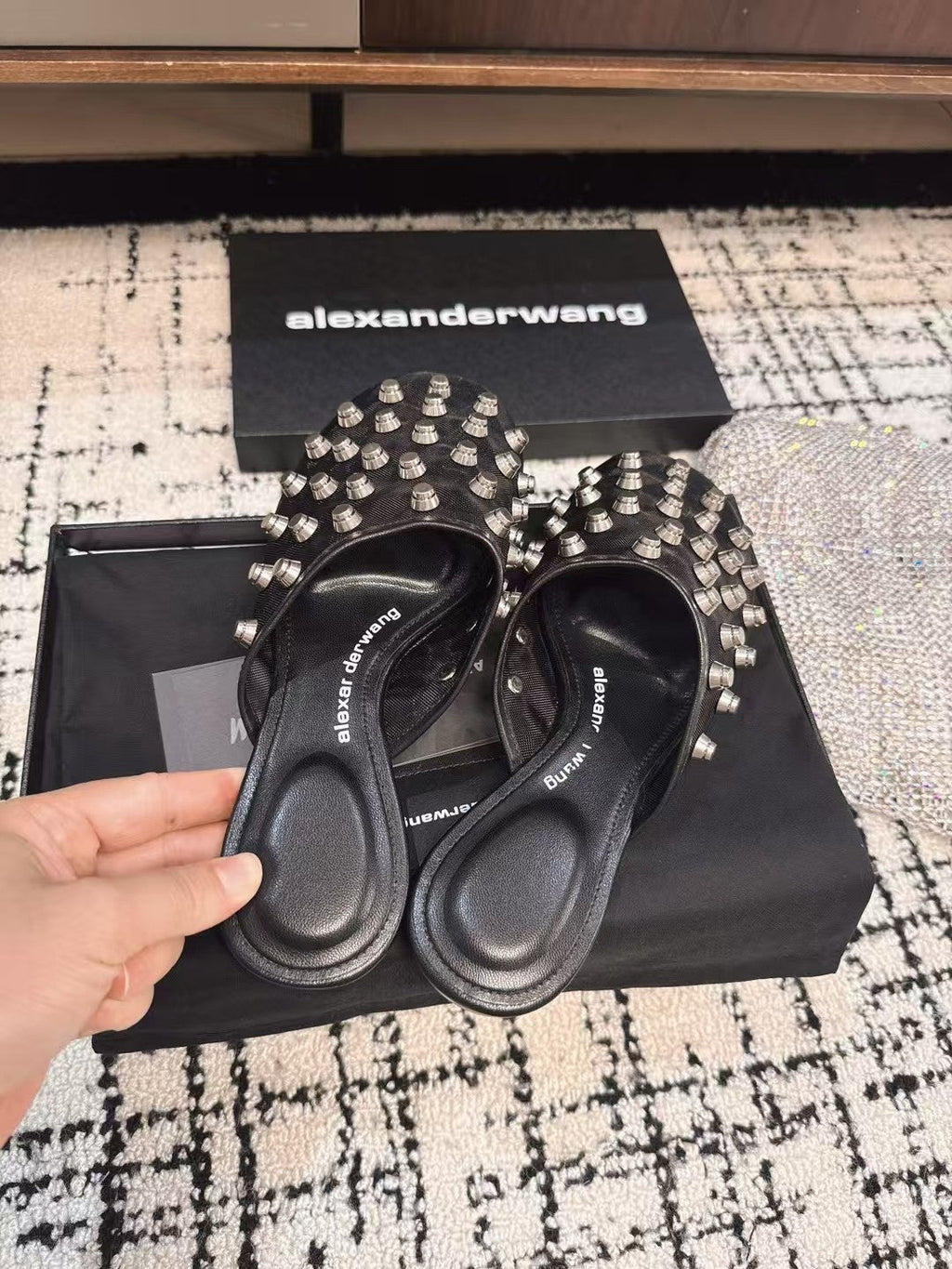 STRASS STUDDED FLAT MULE IN BLACK MESH UPPER