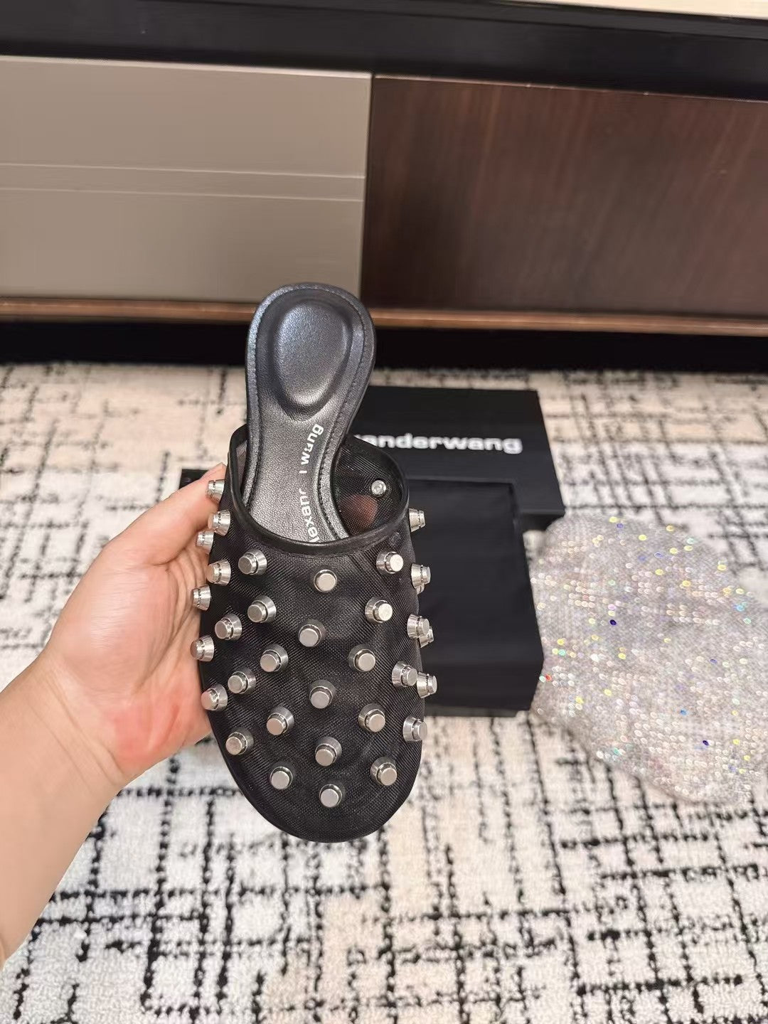 STRASS STUDDED FLAT MULE IN BLACK MESH UPPER
