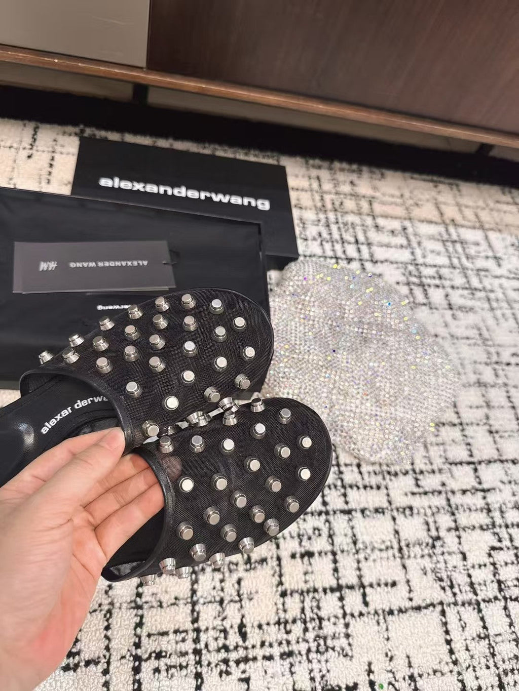 STRASS STUDDED FLAT MULE IN BLACK MESH UPPER