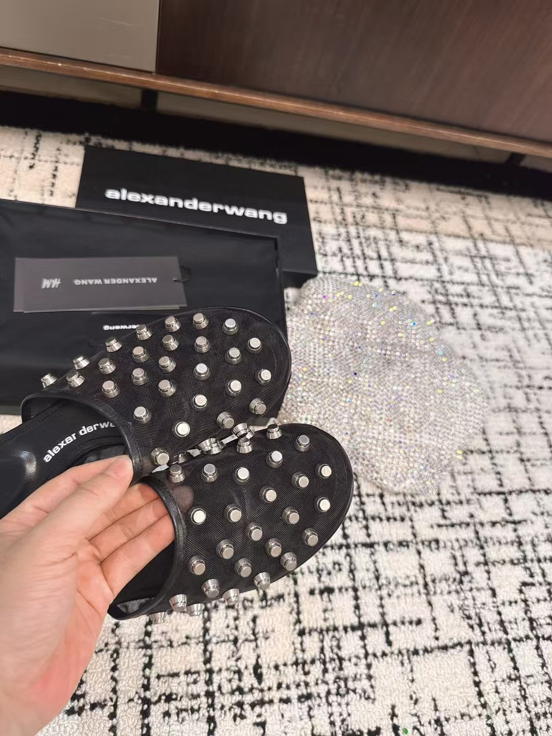 STRASS STUDDED FLAT MULE IN BLACK MESH UPPER