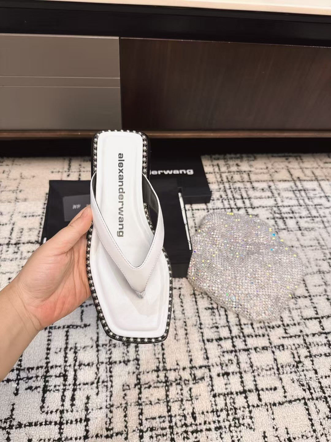 RHODES STUDDED THONG SANDAL IN WHITE CALFSKIN