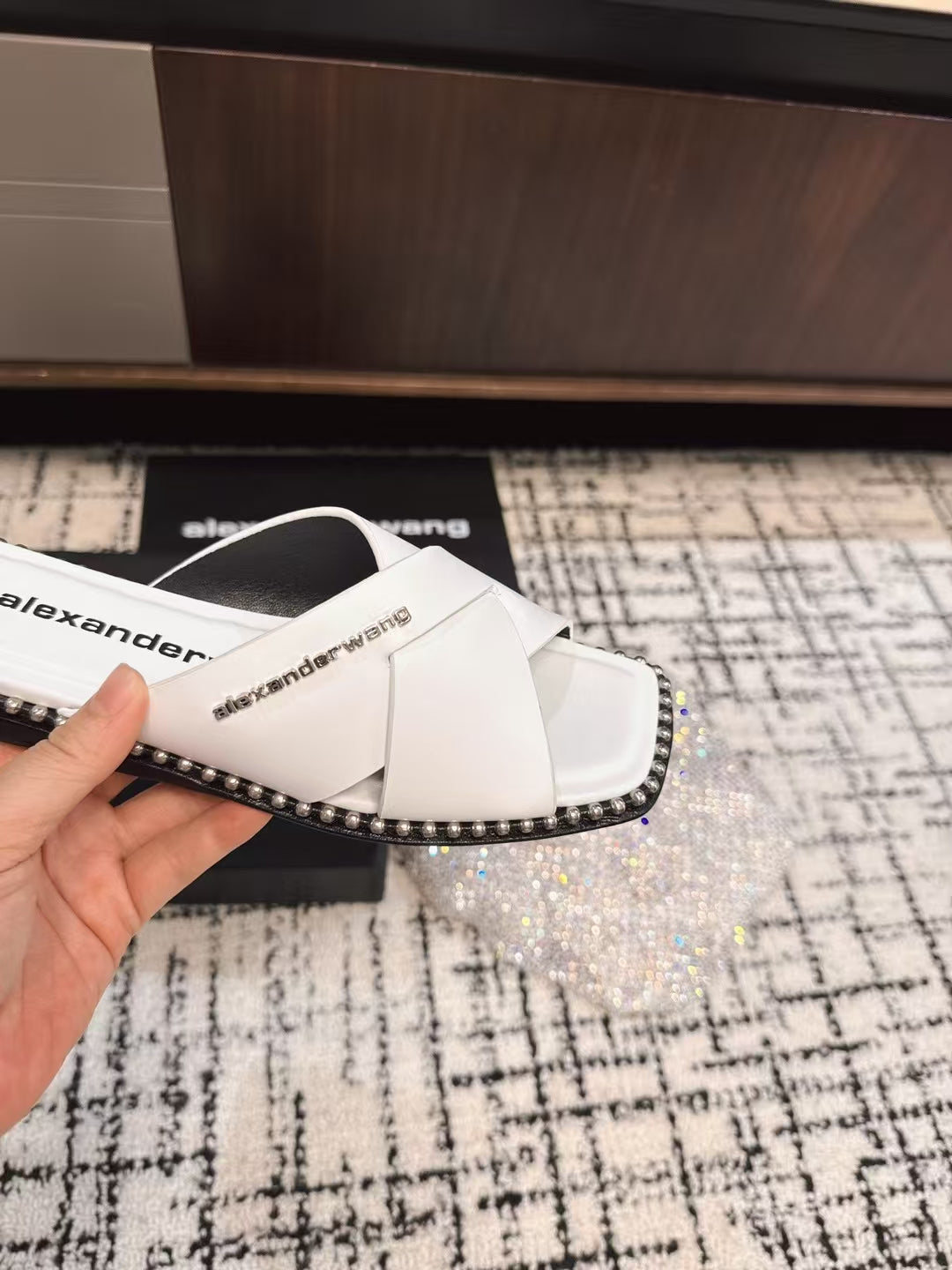 RHODES STUDDED SLIDE SANDAL IN WHITE CALFSKIN