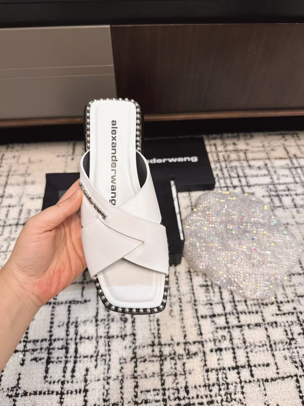 RHODES STUDDED SLIDE SANDAL IN WHITE CALFSKIN