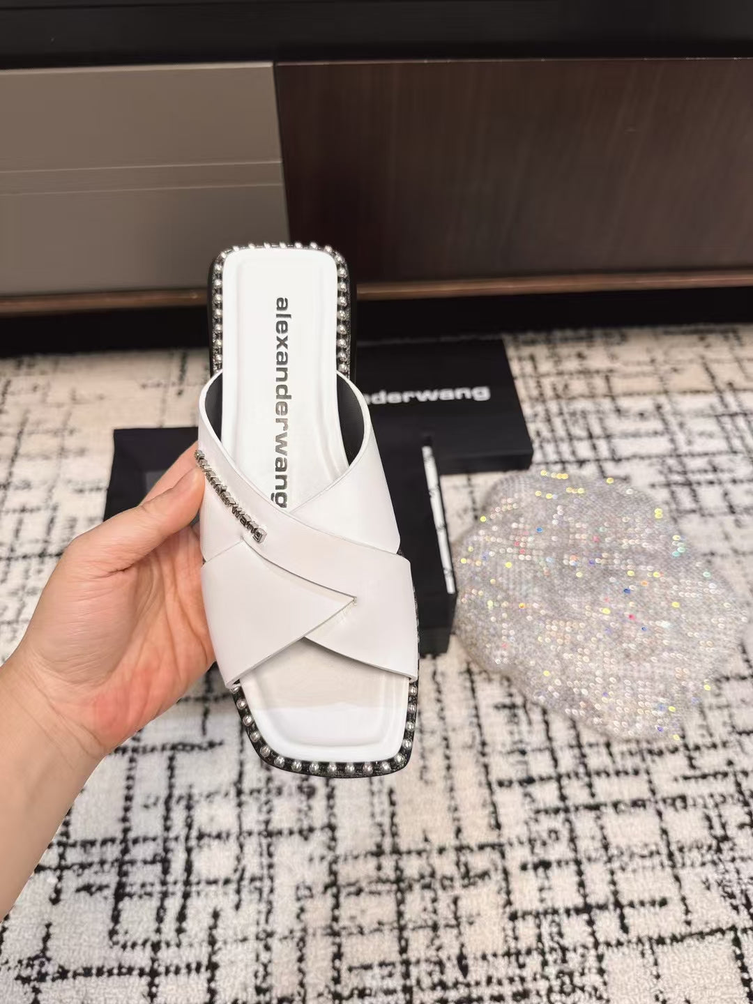 RHODES STUDDED SLIDE SANDAL IN WHITE CALFSKIN