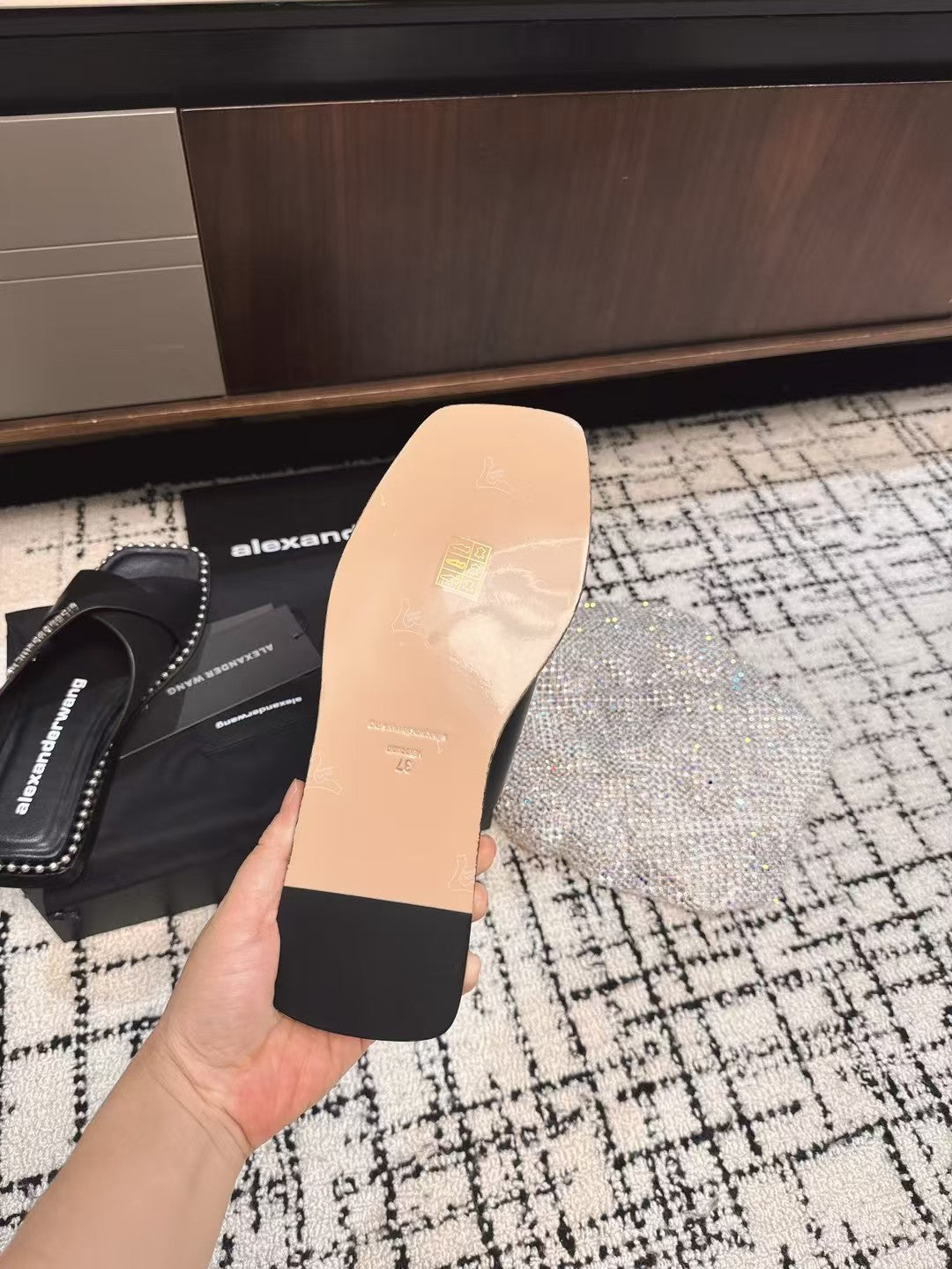 RHODES STUDDED SLIDE SANDAL IN BLACK CALFSKIN
