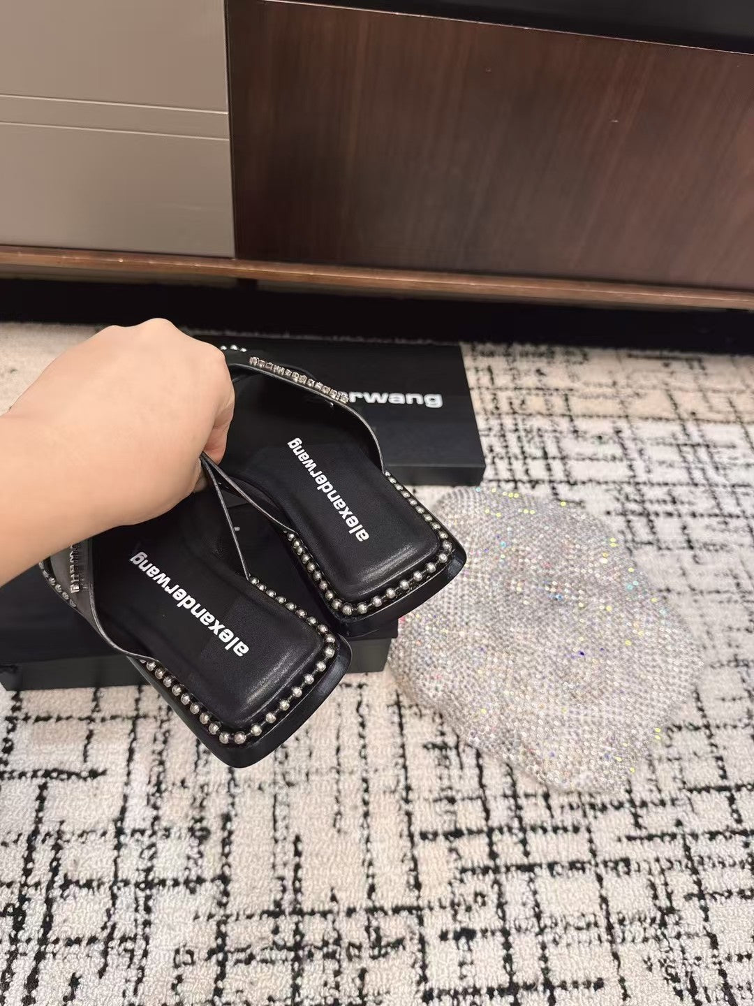 RHODES STUDDED SLIDE SANDAL IN BLACK CALFSKIN
