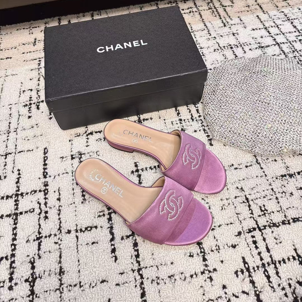 SLIPPERS IN LILAC PURPLE SATIN MIX CALFSKIN