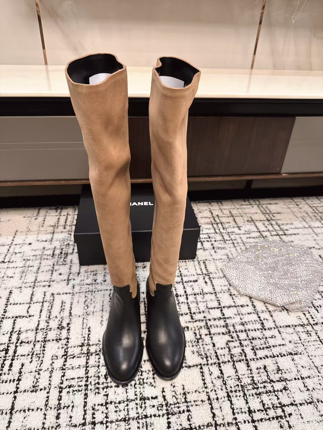 CC HIGH BOOTS IN TAN BROWN SUEDE MIX BLACK CALFSKIN