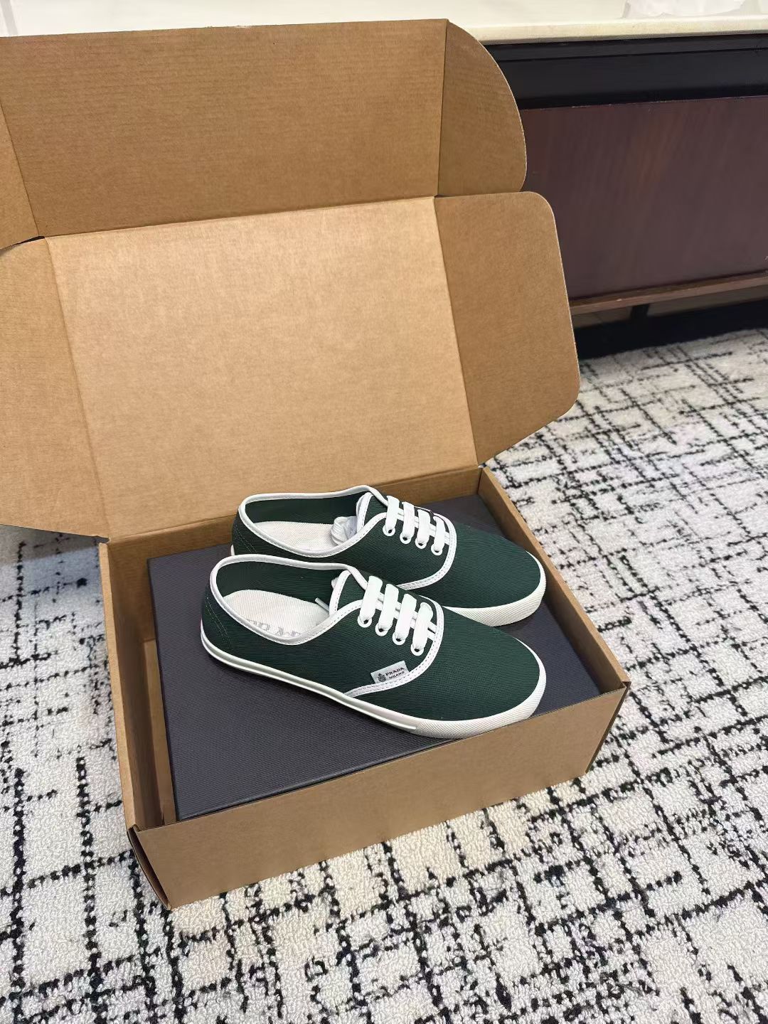 PRADA 26S LACE UP SNEAKERS IN DARK TEAL CANVAS