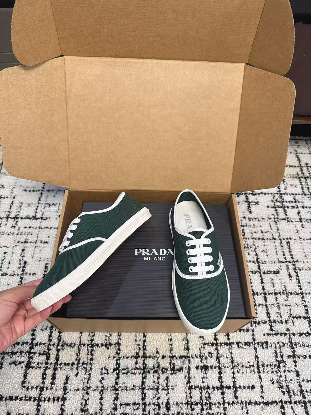 PRADA 26S LACE UP SNEAKERS IN DARK TEAL CANVAS