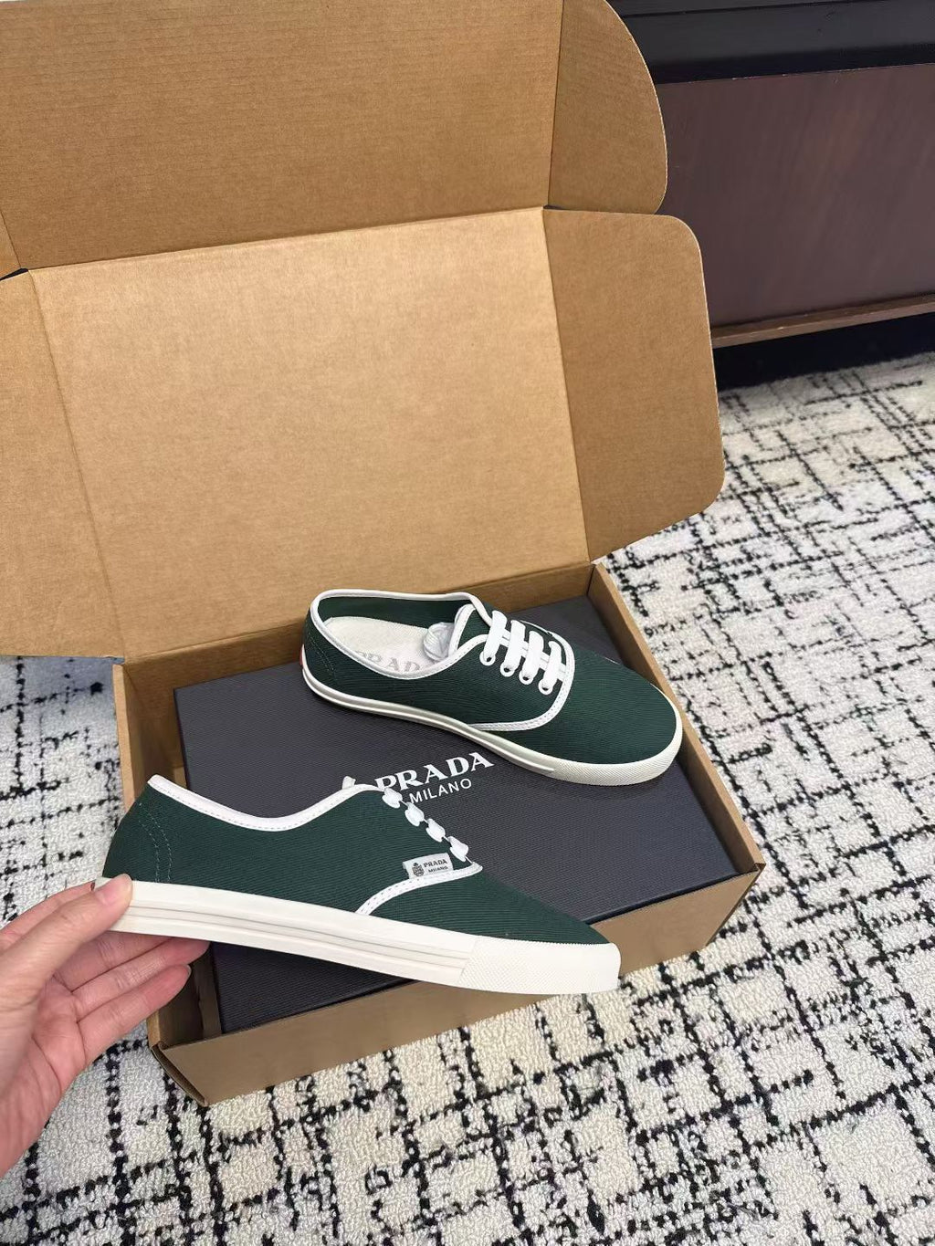 PRADA 26S LACE UP SNEAKERS IN DARK TEAL CANVAS