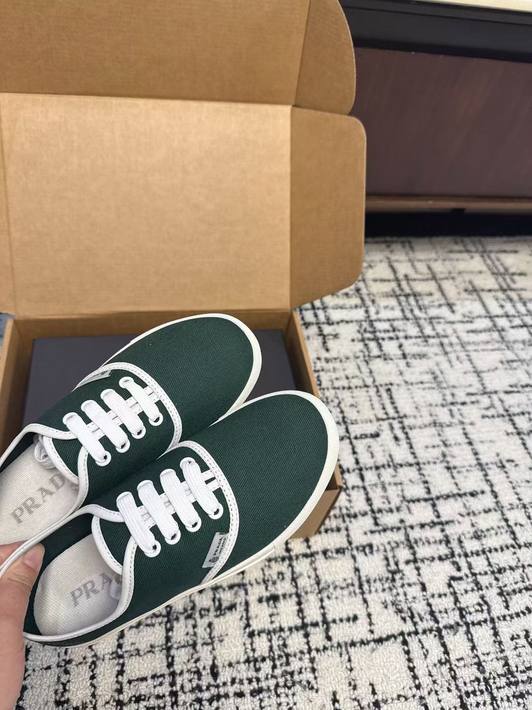 PRADA 26S LACE UP SNEAKERS IN DARK TEAL CANVAS