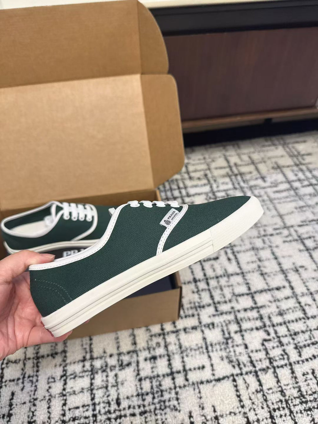 PRADA 26S LACE UP SNEAKERS IN DARK TEAL CANVAS