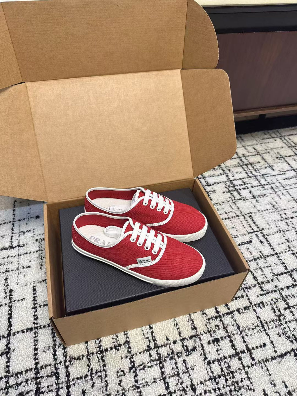 PRADA 26S LACE UP SNEAKERS IN RED CANVAS