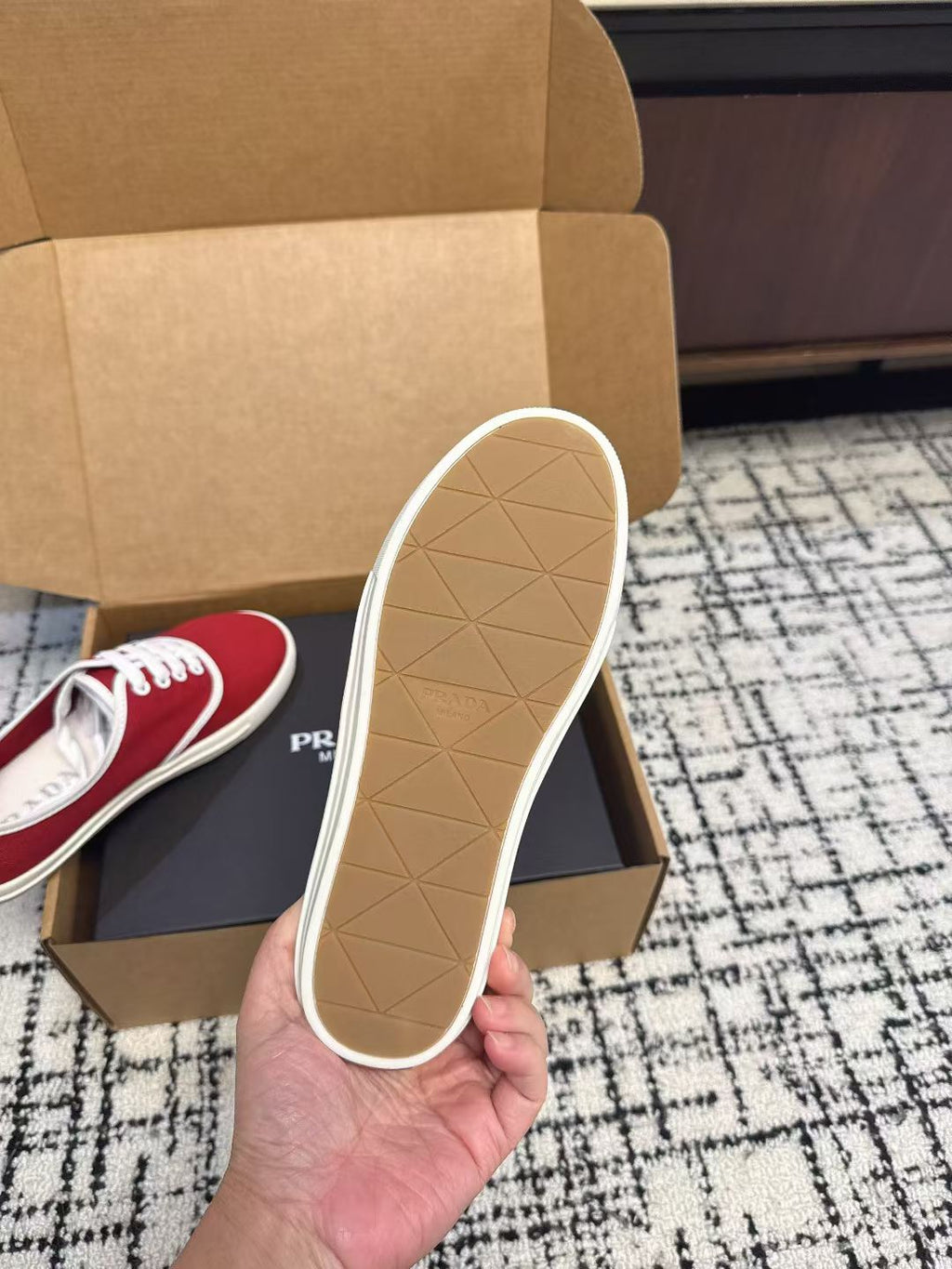 PRADA 26S LACE UP SNEAKERS IN RED CANVAS