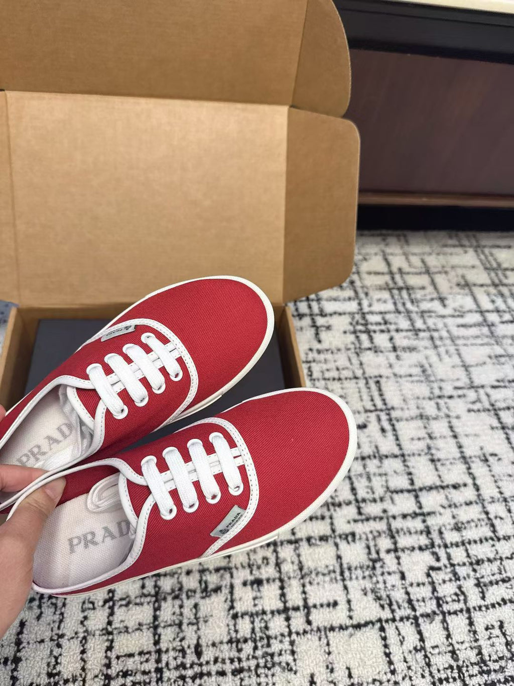PRADA 26S LACE UP SNEAKERS IN RED CANVAS