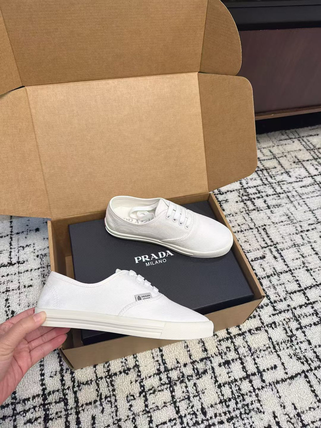 PRADA 26S LACE UP SNEAKERS IN WHITE CANVAS