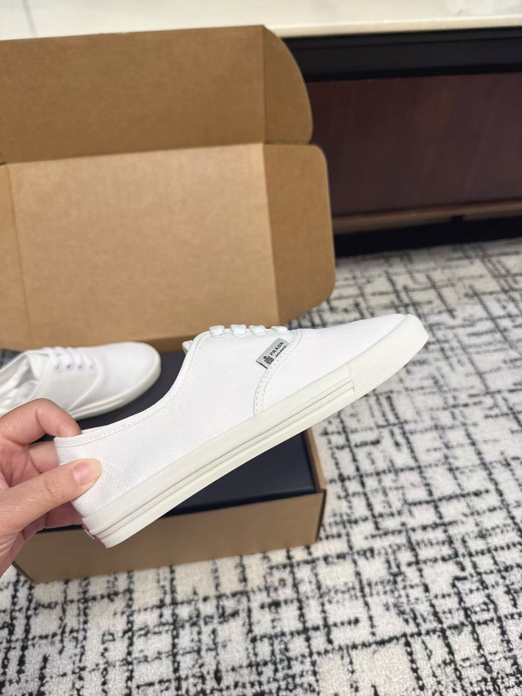 PRADA 26S LACE UP SNEAKERS IN WHITE CANVAS