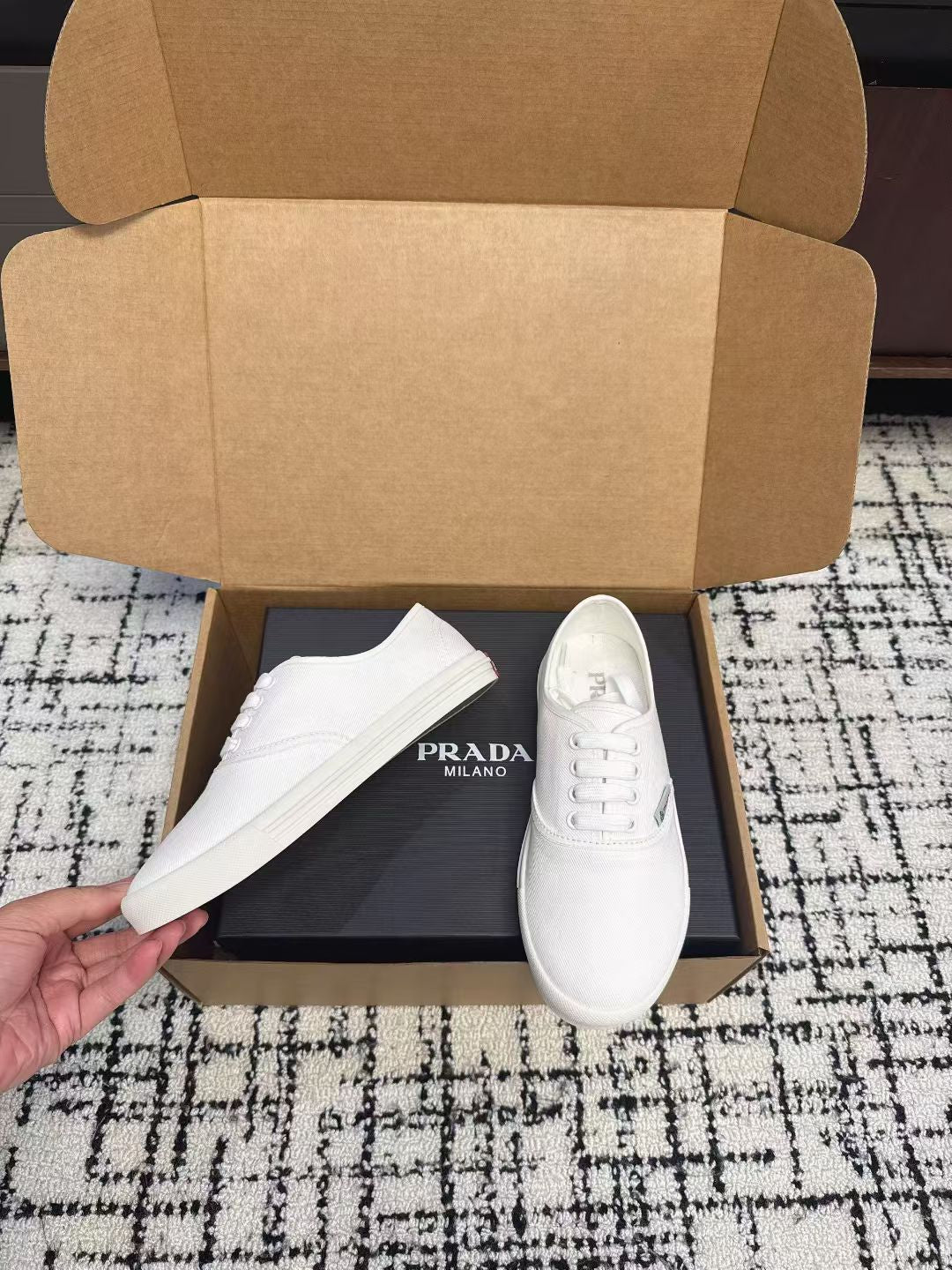 PRADA 26S LACE UP SNEAKERS IN WHITE CANVAS