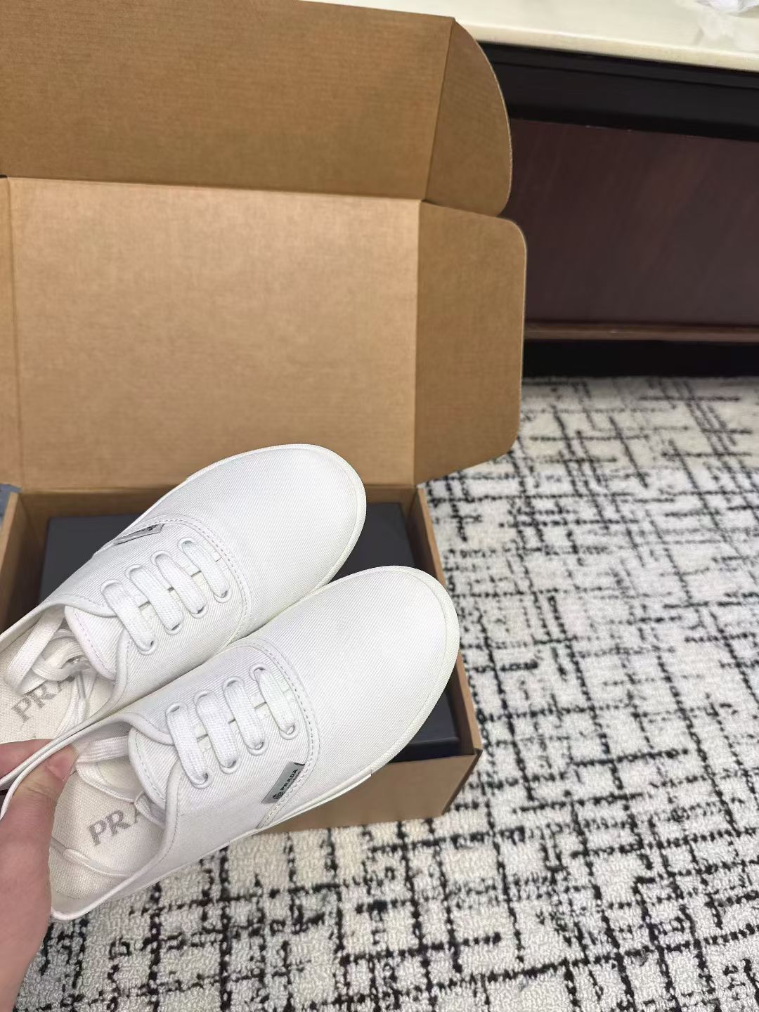 PRADA 26S LACE UP SNEAKERS IN WHITE CANVAS