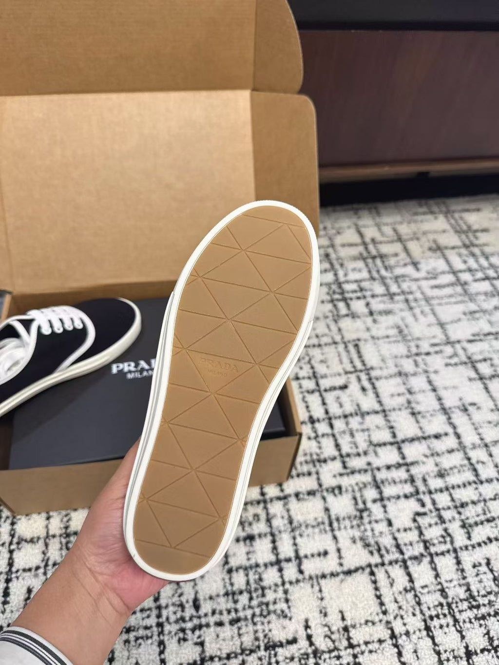 PRADA 26S LACE UP SNEAKERS IN BLACK AND WHITE CANVAS