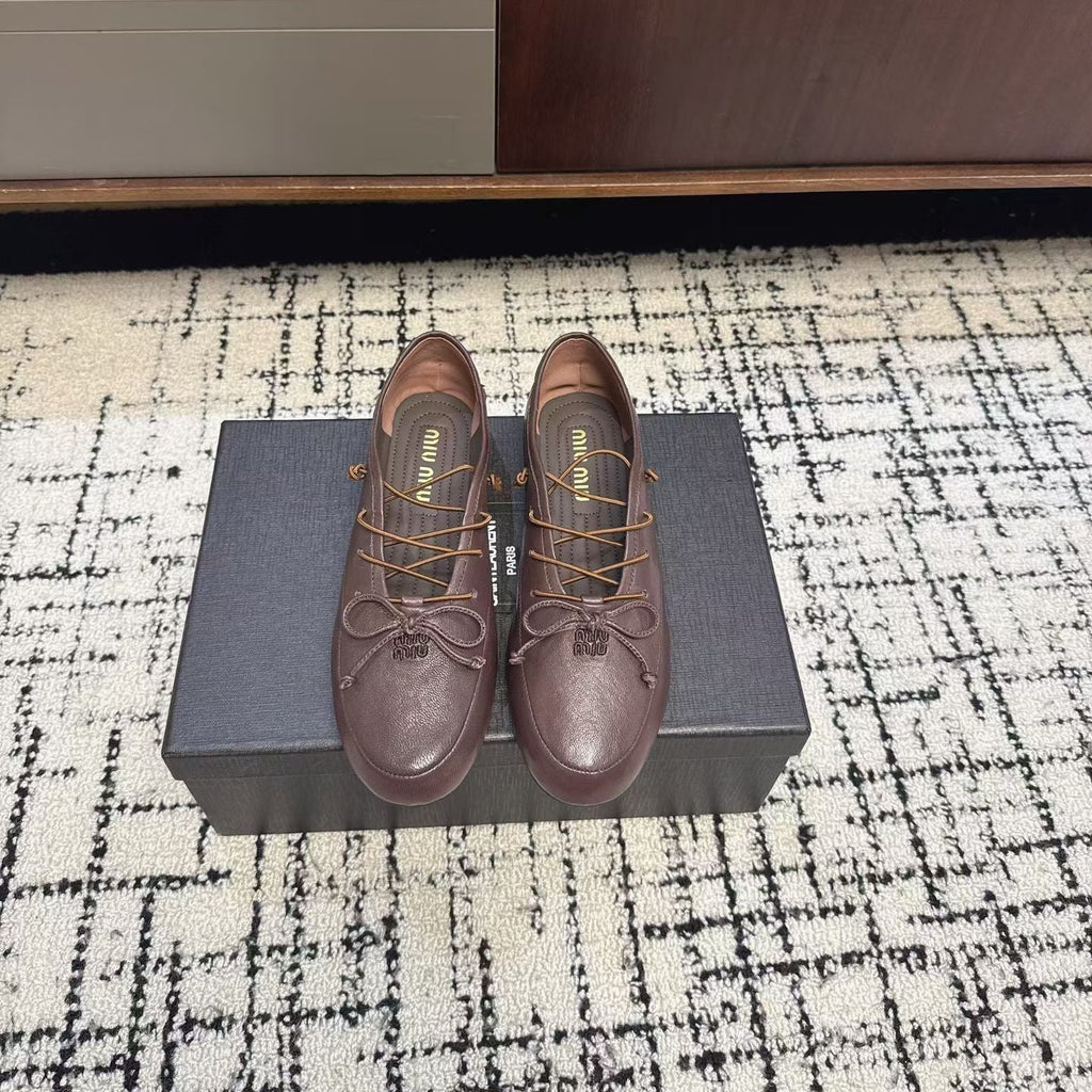 MIUMIU 26S LACE UP BOW LOAFERS IN DARK BROWN CALFSKIN