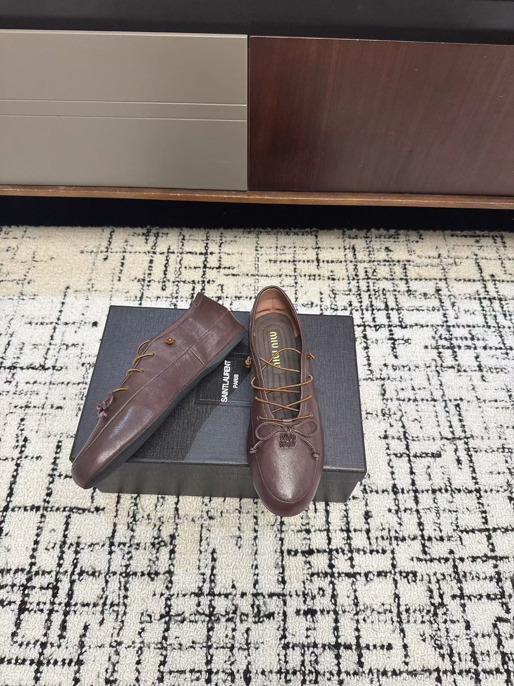 MIUMIU 26S LACE UP BOW LOAFERS IN DARK BROWN CALFSKIN