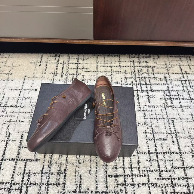 MIUMIU 26S LACE UP BOW LOAFERS IN DARK BROWN CALFSKIN
