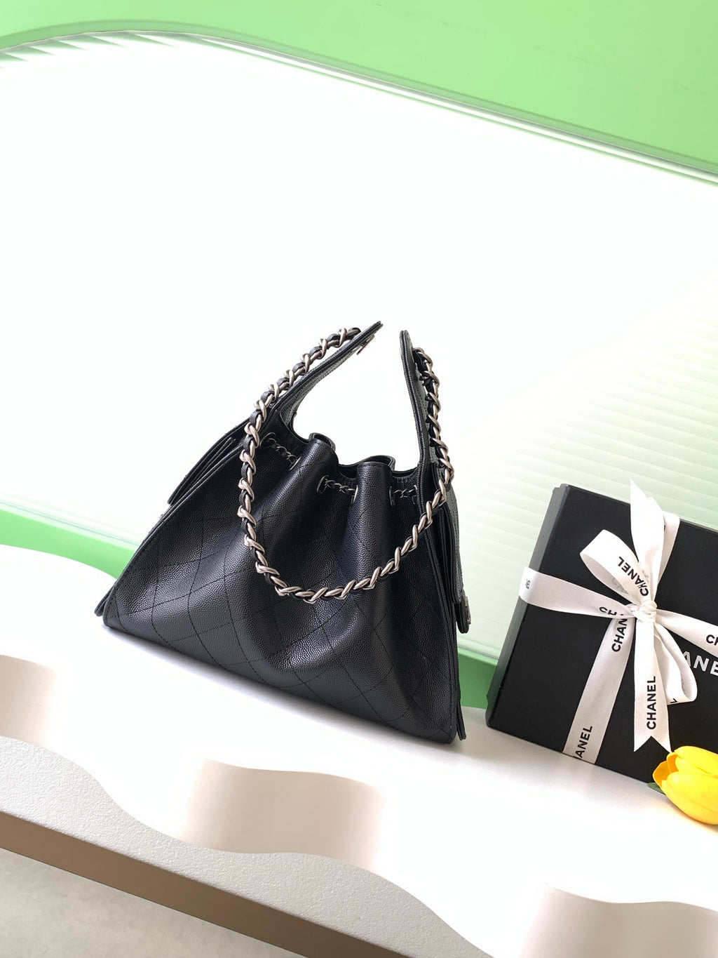 CHANEL 26S HOBO BAG 30 IN BLACK CAVIAR CALFSKIN DARK SILVER HARDWARE