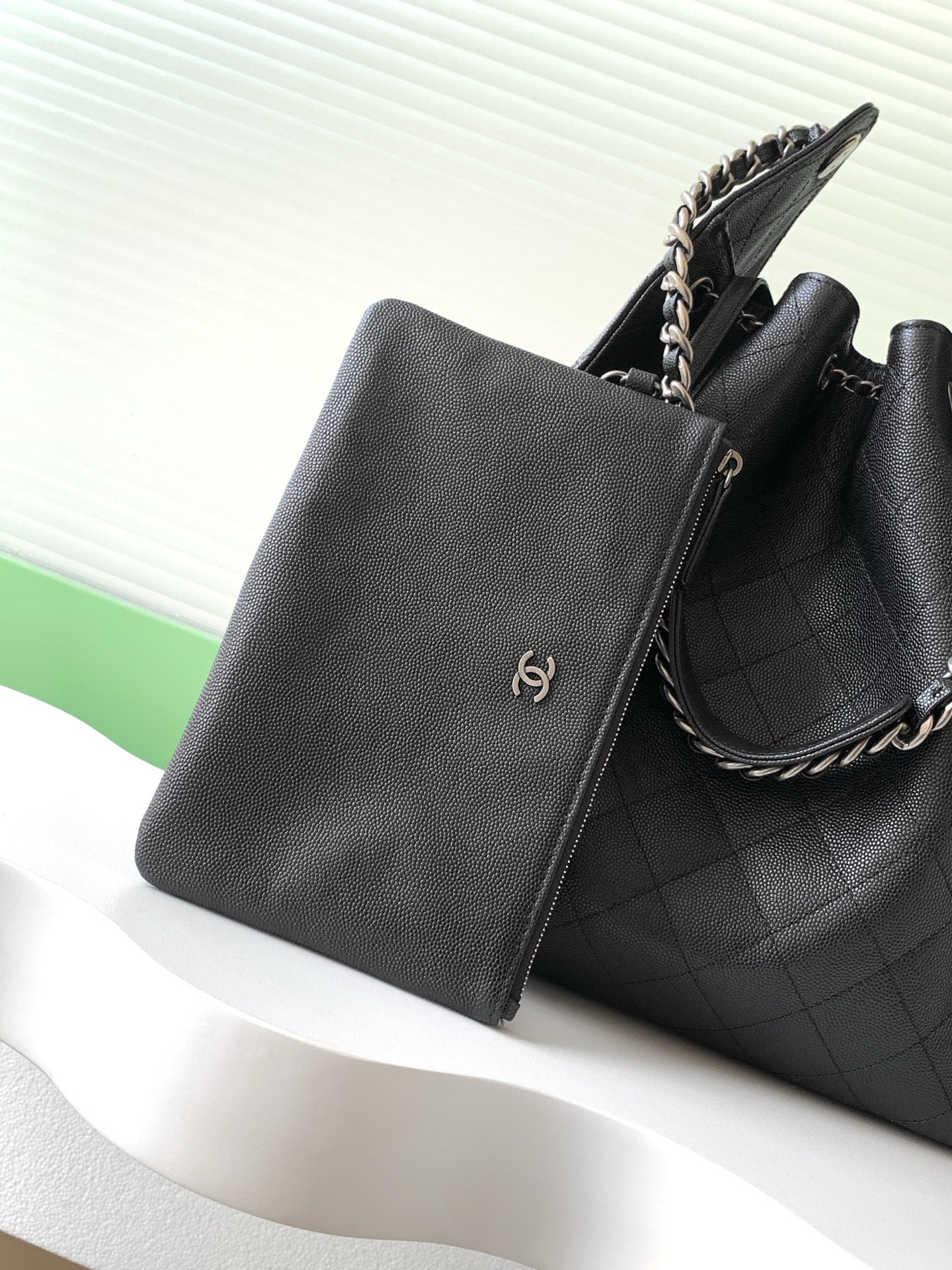 CHANEL 26S HOBO BAG 40 IN BLACK CAVIAR CALFSKIN DARK SILVER HARDWARE