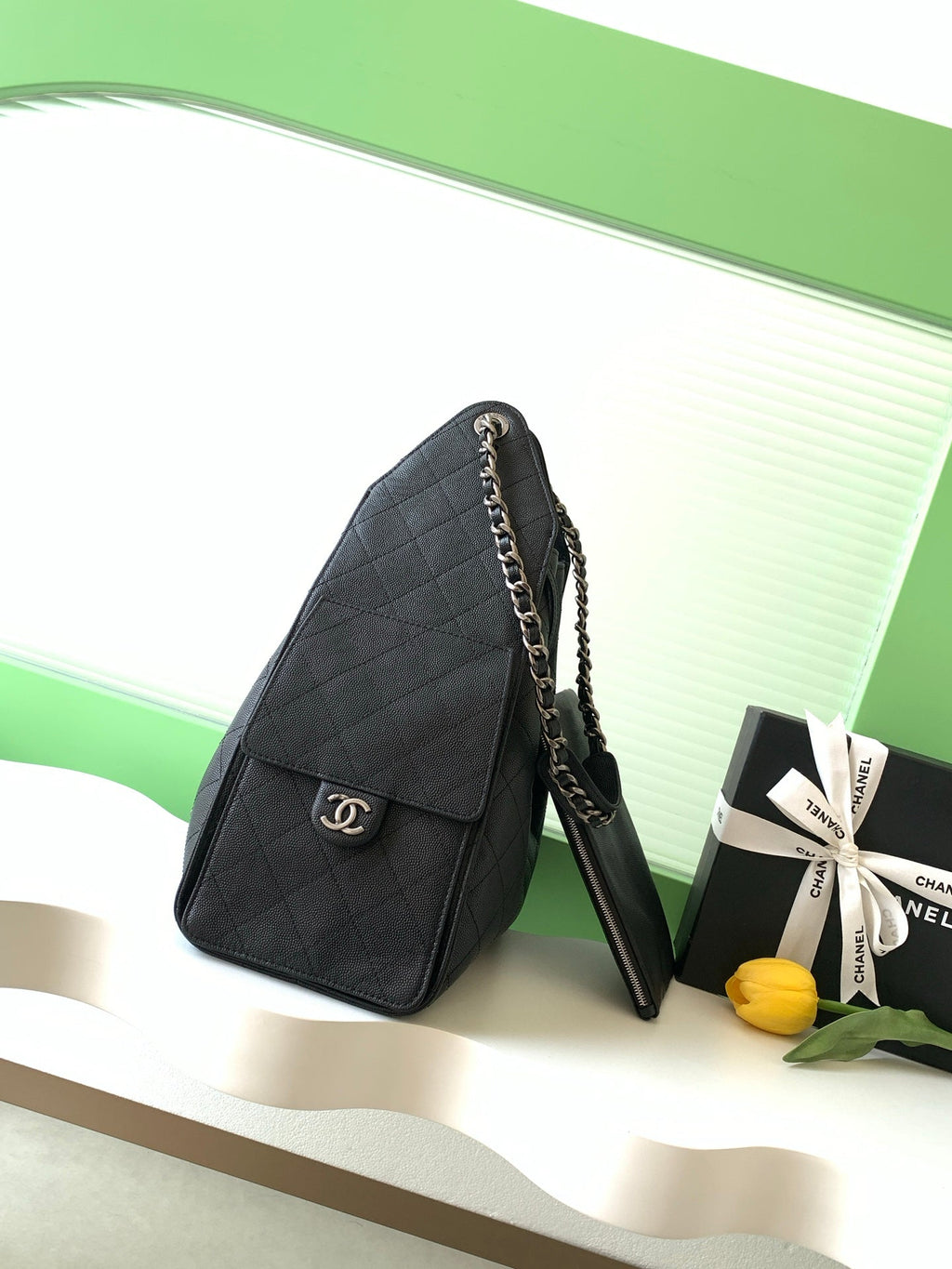 CHANEL 26S HOBO BAG 40 IN BLACK CAVIAR CALFSKIN DARK SILVER HARDWARE