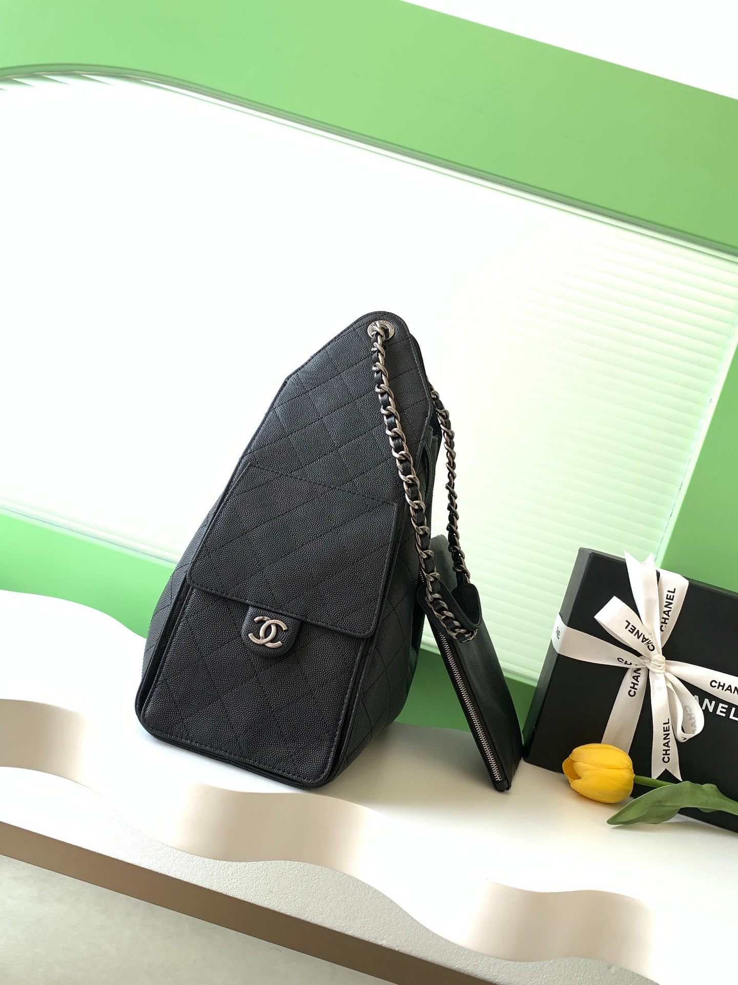 CHANEL 26S HOBO BAG 40 IN BLACK CAVIAR CALFSKIN DARK SILVER HARDWARE