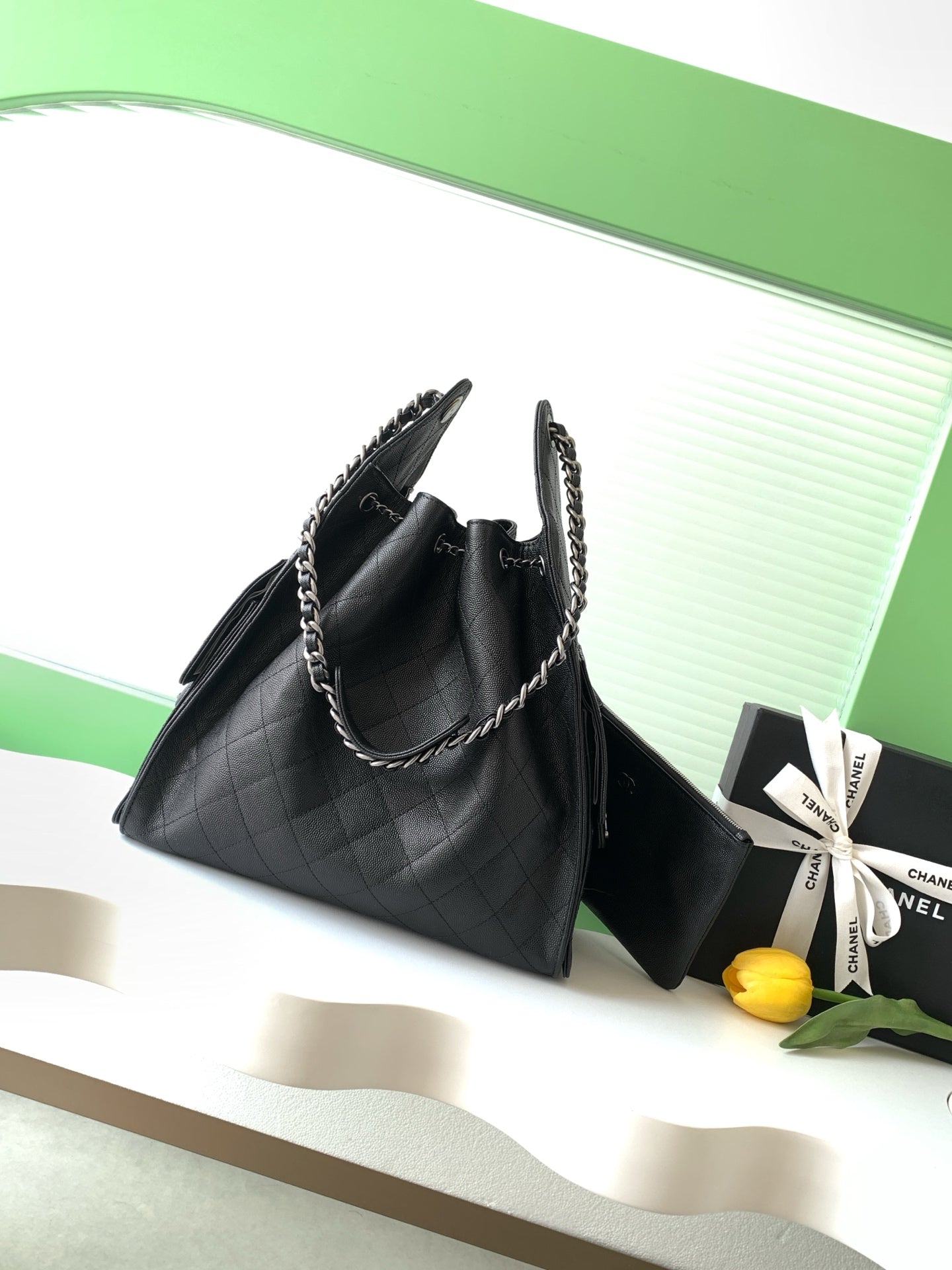 CHANEL 26S HOBO BAG 40 IN BLACK CAVIAR CALFSKIN DARK SILVER HARDWARE