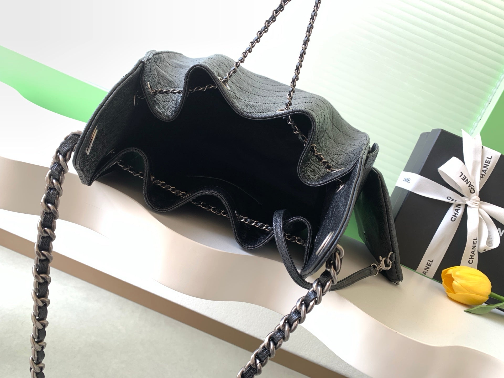 CHANEL 26S HOBO BAG 40 IN BLACK CAVIAR CALFSKIN DARK SILVER HARDWARE