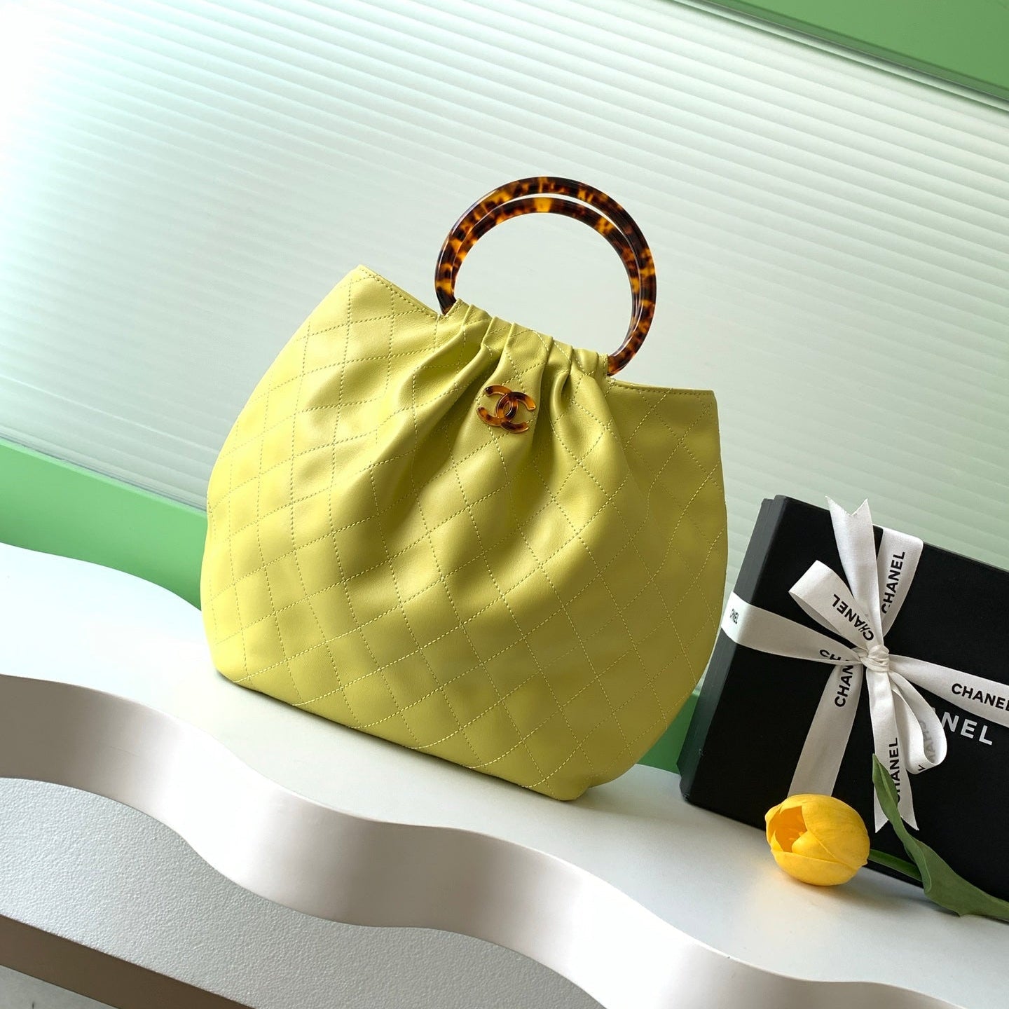 CHANEL 26S HAND BAG 32 IN LIME YELLOW LAMBSKIN GOLD HARDWARE