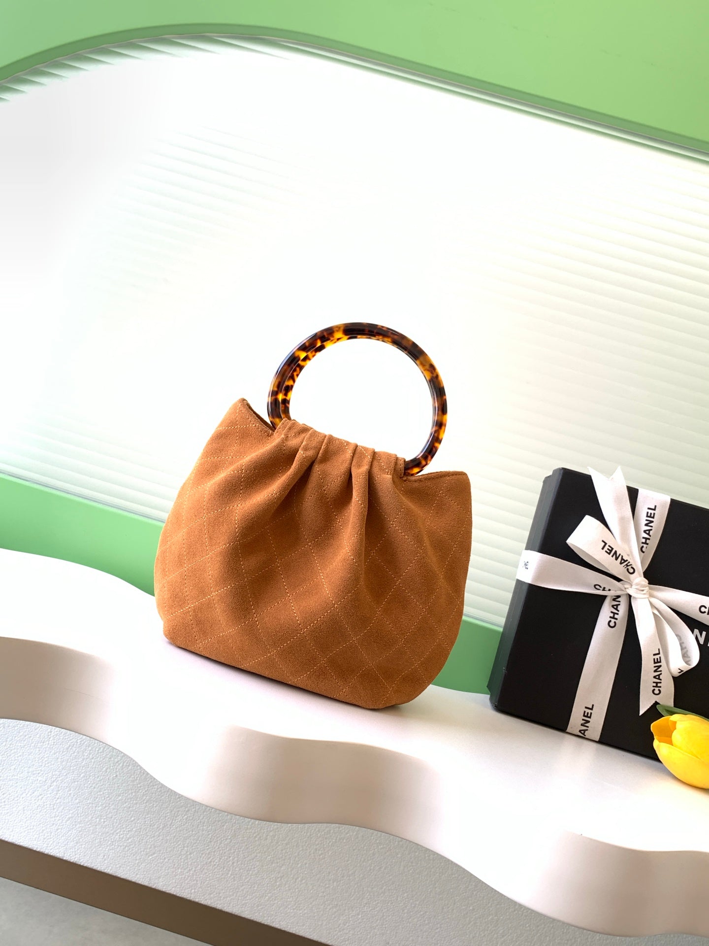 CHANEL 26S HAND BAG MEDIUM 24 IN CARAMEL BROWN SUEDE GOLD HARDWARE