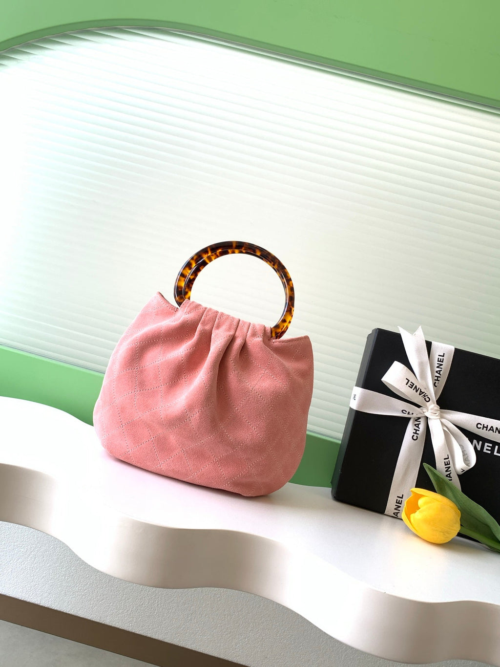 CHANEL 26S HAND BAG MEDIUM 24 IN PINK SUEDE GOLD HARDWARE