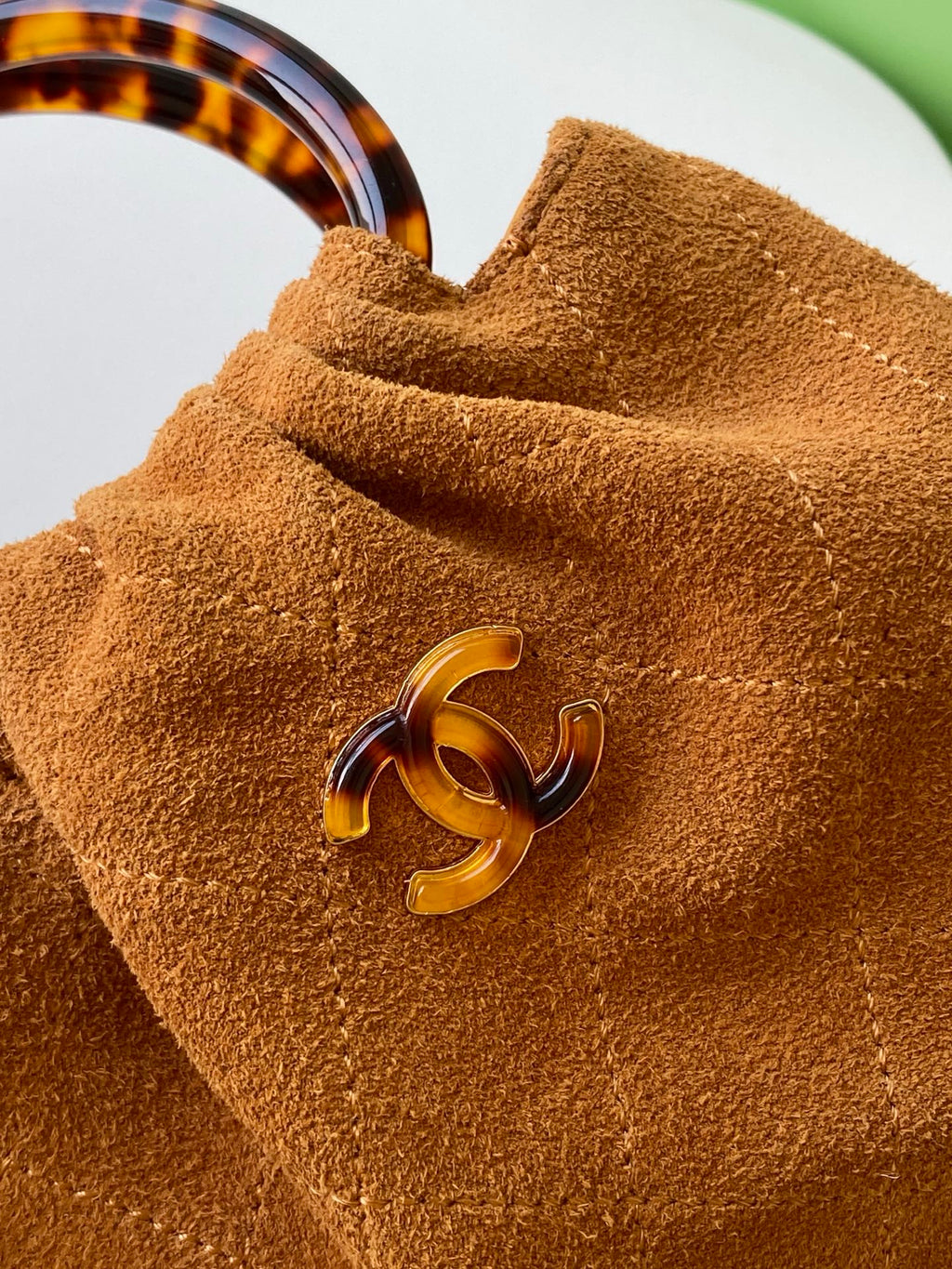 CHANEL 26S HAND BAG 12 IN CARAMEL BROWN SUEDE GOLD HARDWARE