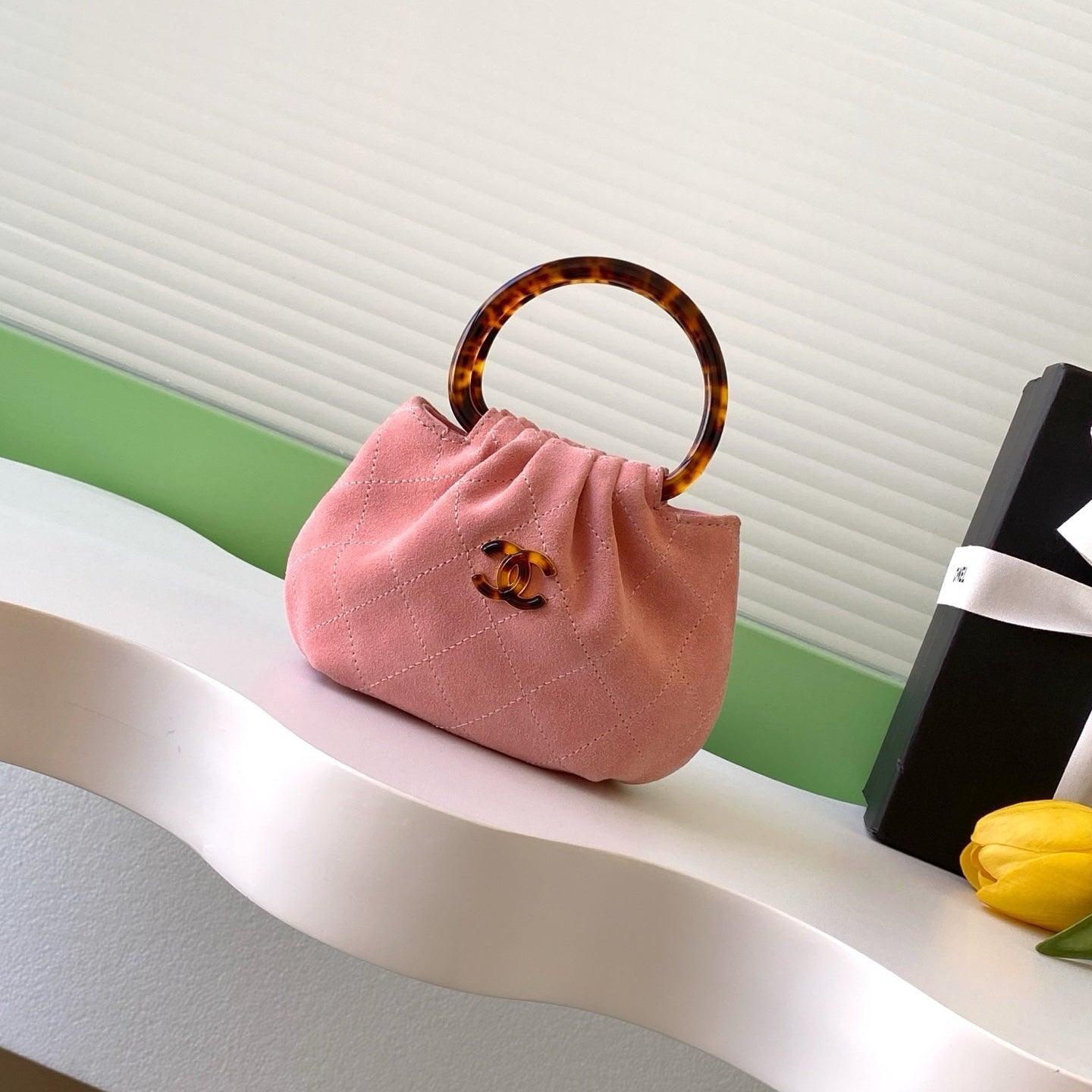 CHANEL 26S HAND BAG 12 IN PINK SUEDE GOLD HARDWARE