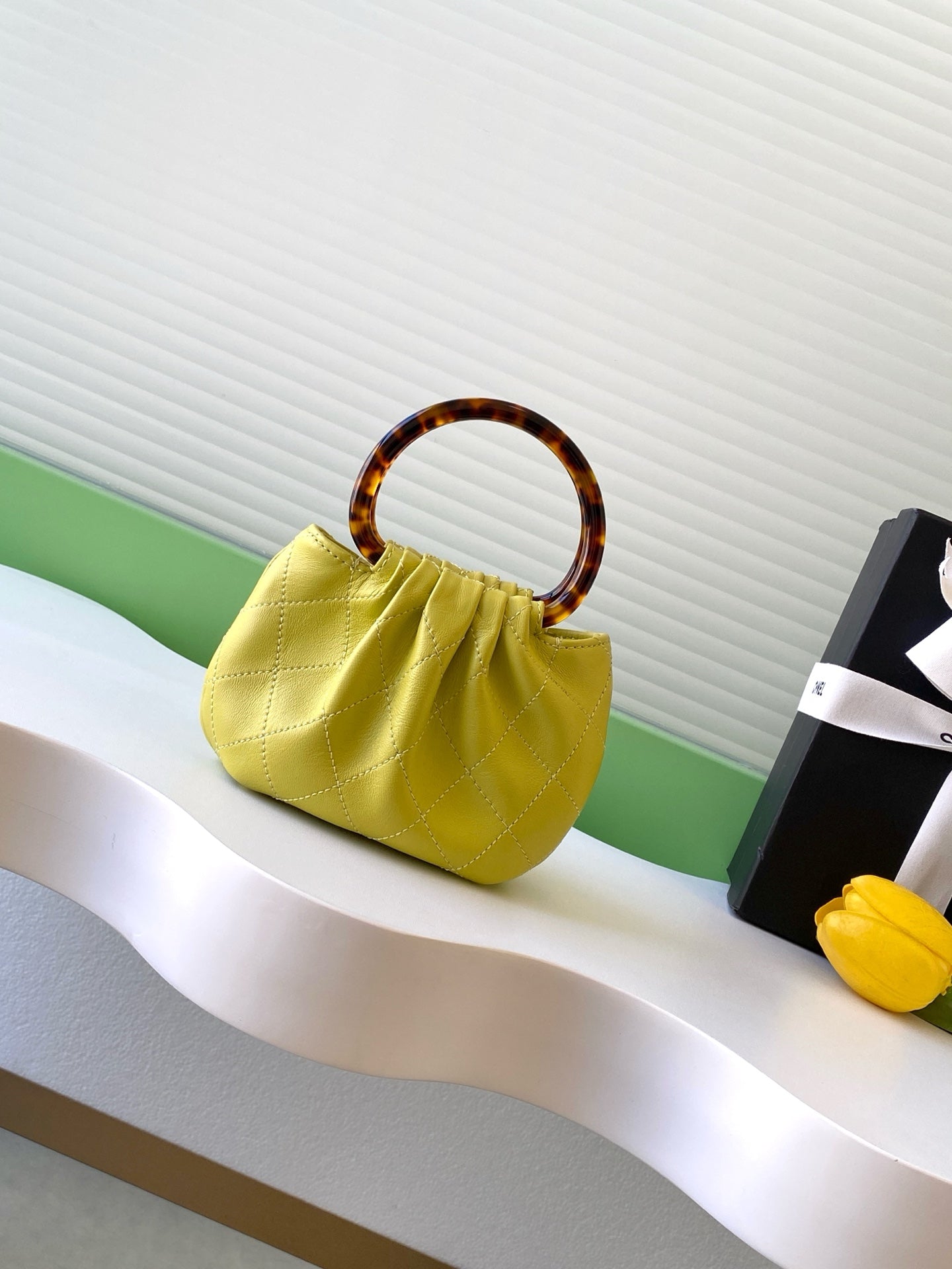 CHANEL 26S HAND BAG 12 IN LIME YELLOW LAMBSKIN GOLD HARDWARE