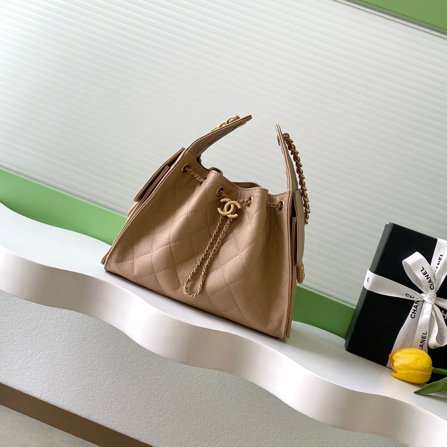 CHANEL 26S HOBO BAG 30 IN DARK BEIGE CAVIAR CALFSKIN GOLD HARDWARE