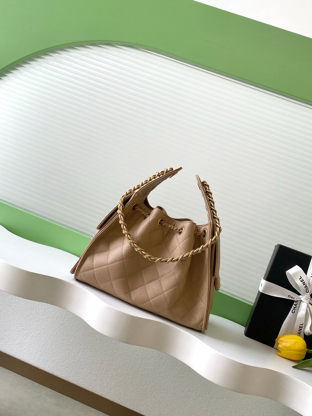 CHANEL 26S HOBO BAG 30 IN DARK BEIGE CAVIAR CALFSKIN GOLD HARDWARE