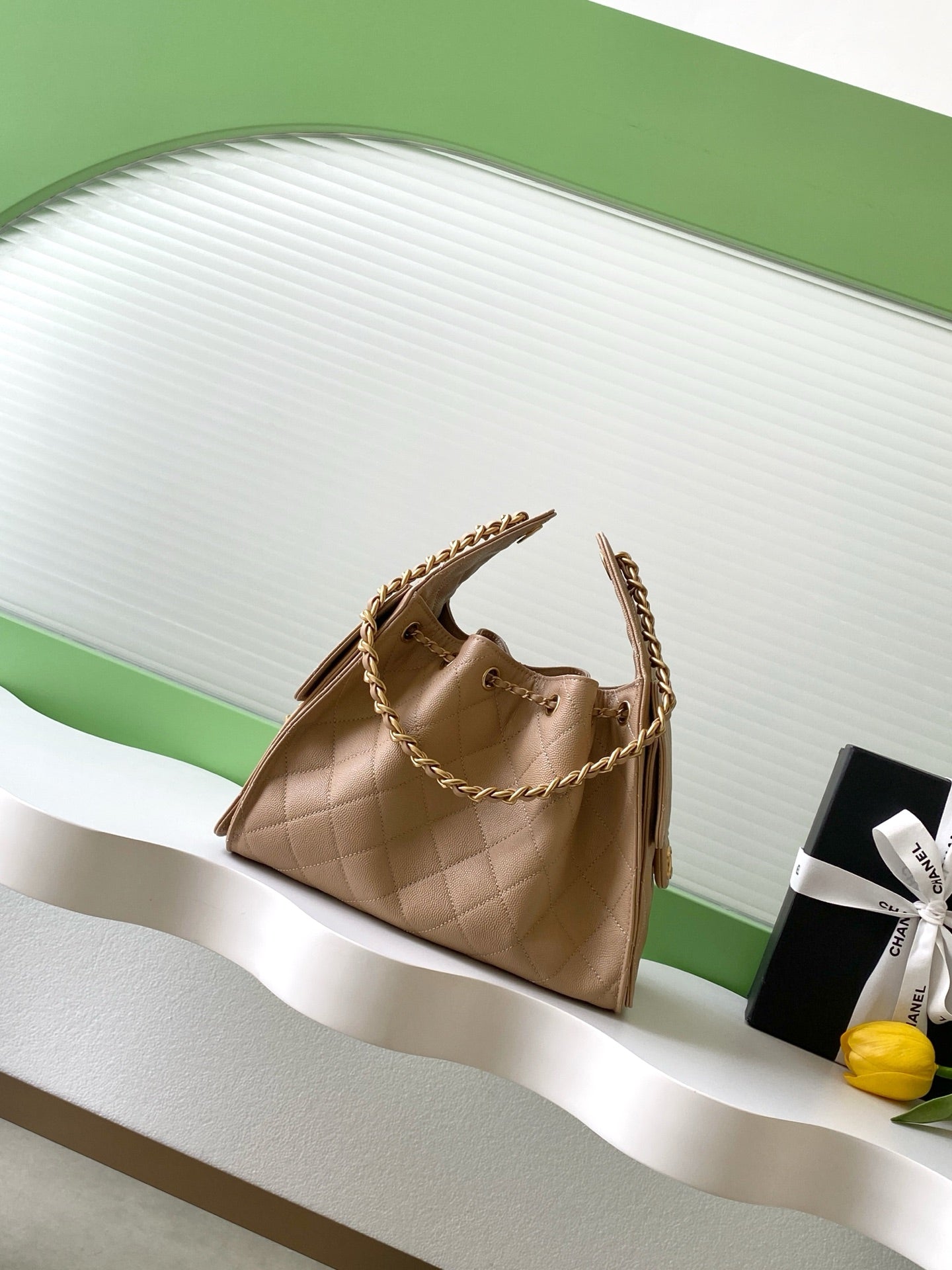 CHANEL 26S HOBO BAG 30 IN DARK BEIGE CAVIAR CALFSKIN GOLD HARDWARE