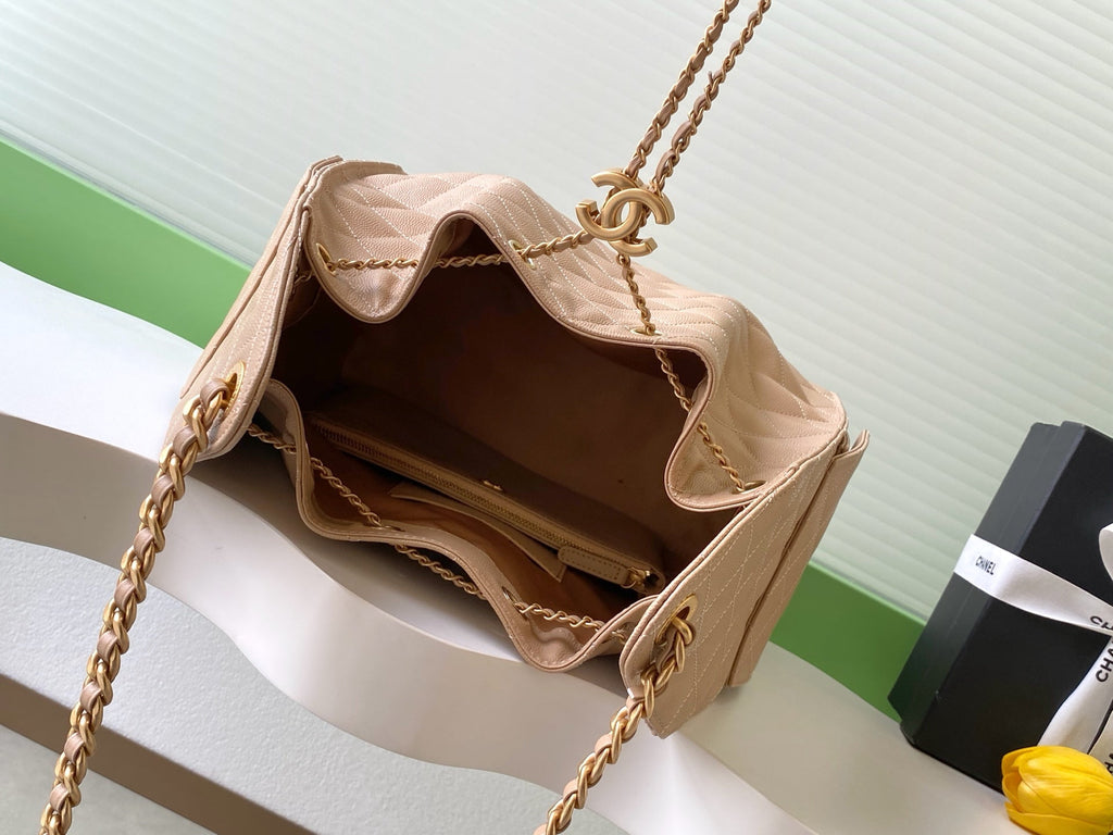 CHANEL 26S HOBO BAG 40 IN DARK BEIGE CAVIAR CALFSKIN GOLD HARDWARE