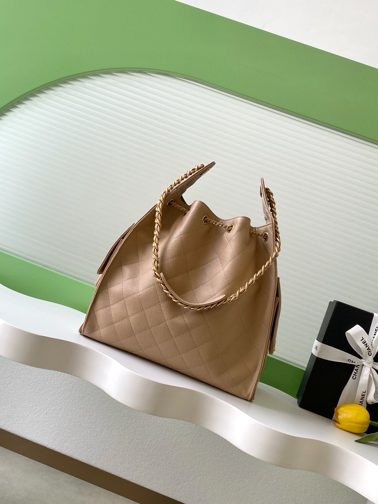 CHANEL 26S HOBO BAG 40 IN DARK BEIGE CAVIAR CALFSKIN GOLD HARDWARE