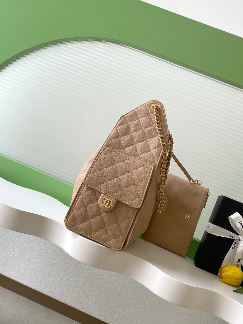 CHANEL 26S HOBO BAG 40 IN DARK BEIGE CAVIAR CALFSKIN GOLD HARDWARE