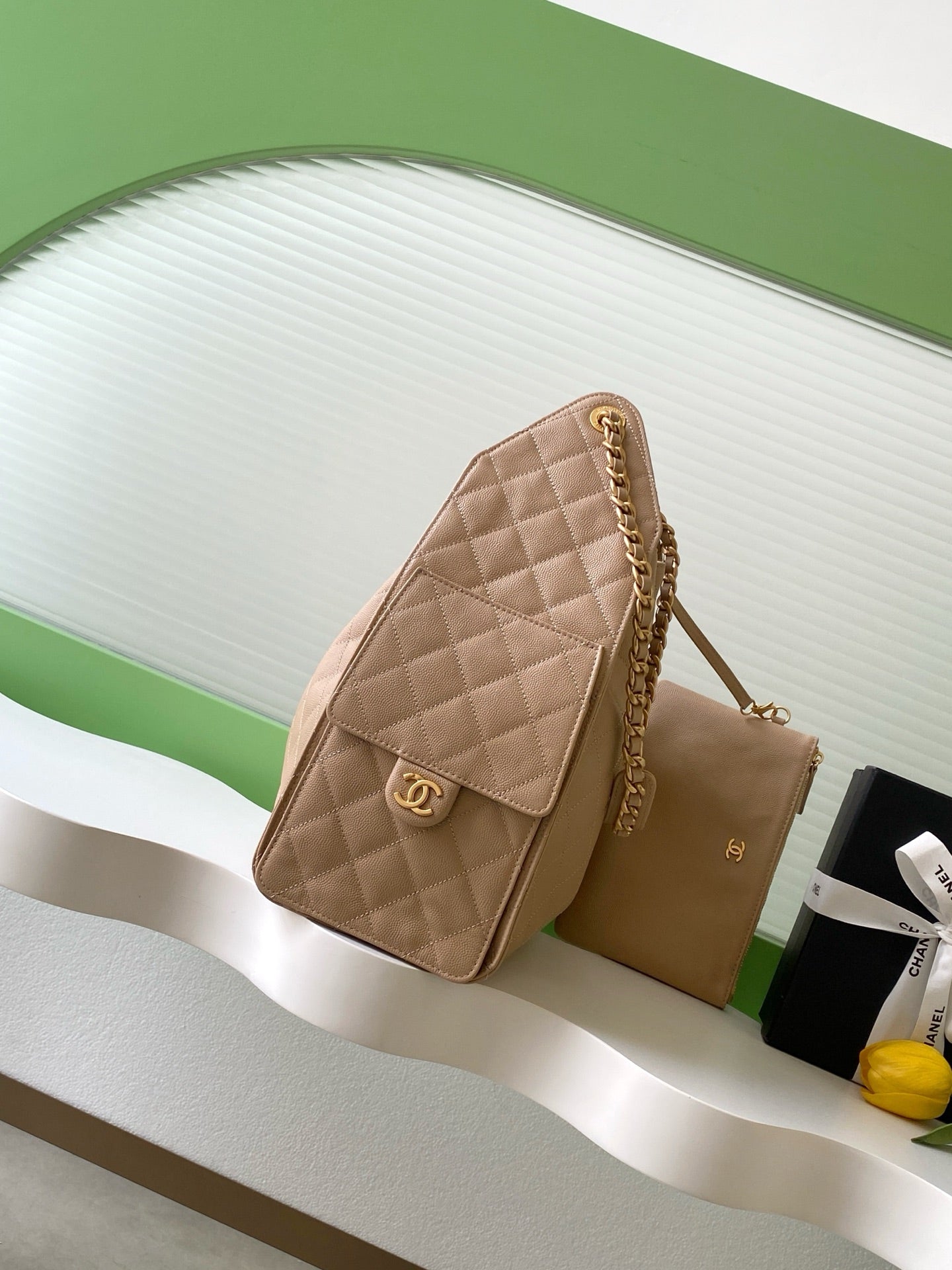 CHANEL 26S HOBO BAG 40 IN DARK BEIGE CAVIAR CALFSKIN GOLD HARDWARE